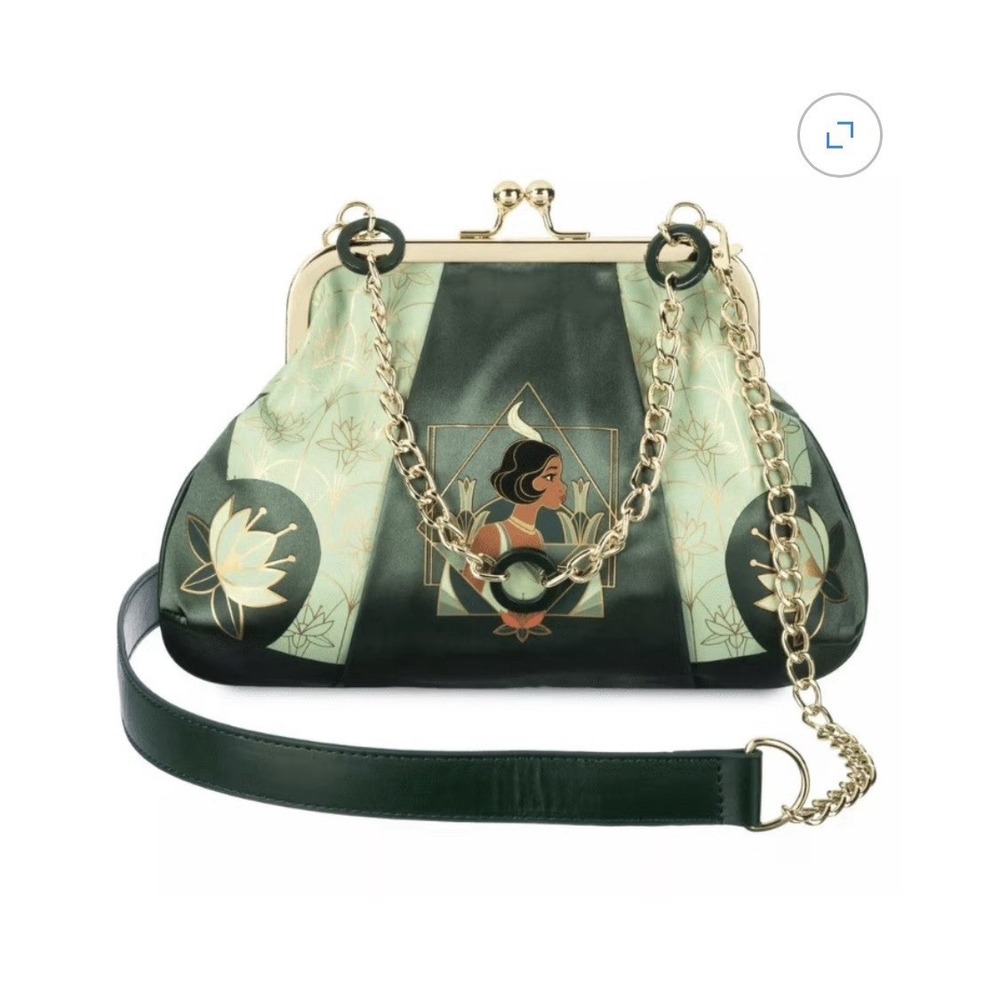Disney Princess Tiana Art Deco Floral Handbag Purse, Chain Strap, Clasp Closure